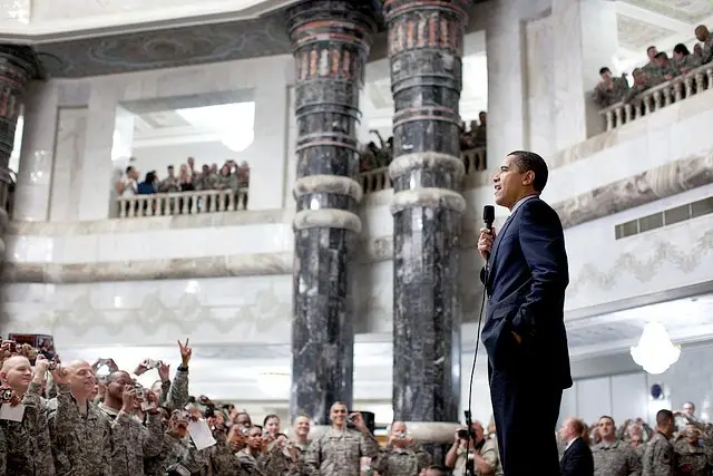 President Obama addresses U.S. troops during his visit to Camp Victory, Baghdad, Iraq, April 7, 2009.